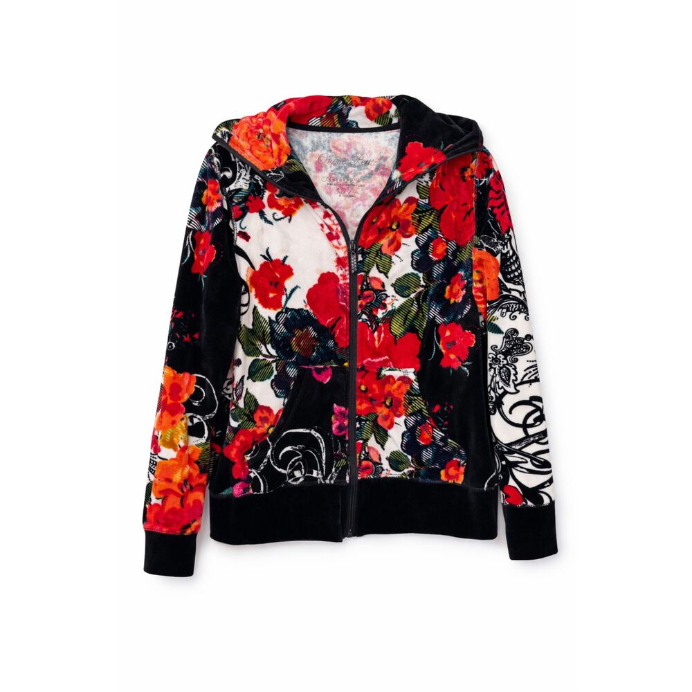 Onque Petite Floral Zip Hoodie Cottagecore Boho Goth Velvet Jacket PL Artsy Dark